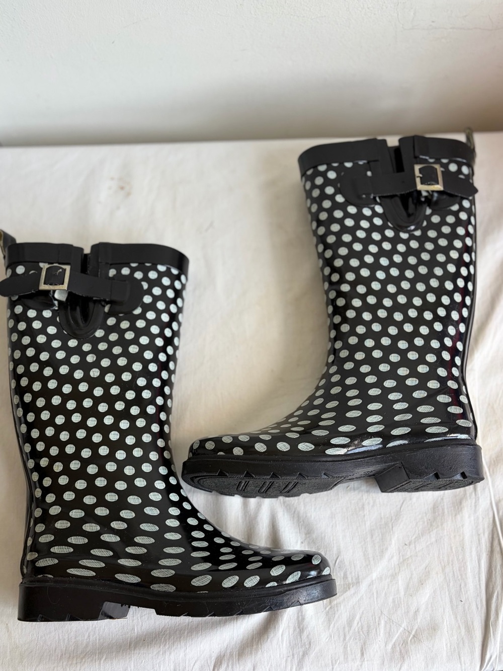 Black & White Polka Dot Women's Rain Boots with Buckle Accent